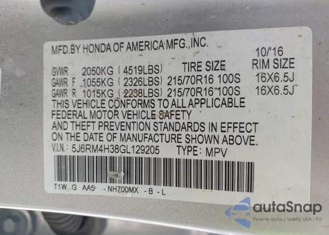 2016 Honda Cr-V Lx z USA, uszkodzony, nr VIN 5J6RM4H38GL129205